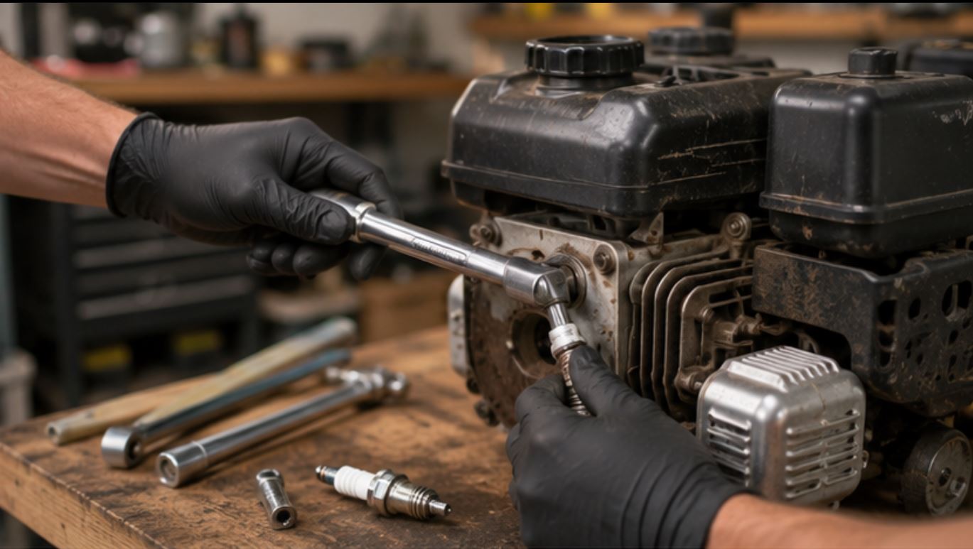 Technician performing a seasonal tune-up on a small engine